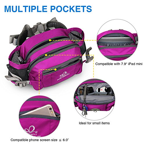 Waterfly waist pack with bottle holder, for hiking, camping, climbing, biking, or running, pink