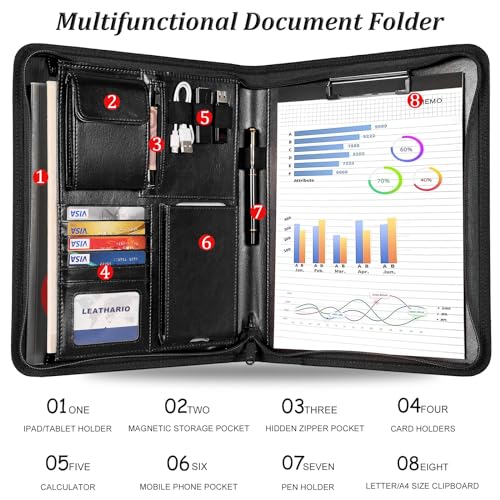 Leathario A4 conference folder, zippered padfolio, document organizer, portfolio, writing pad, black.
