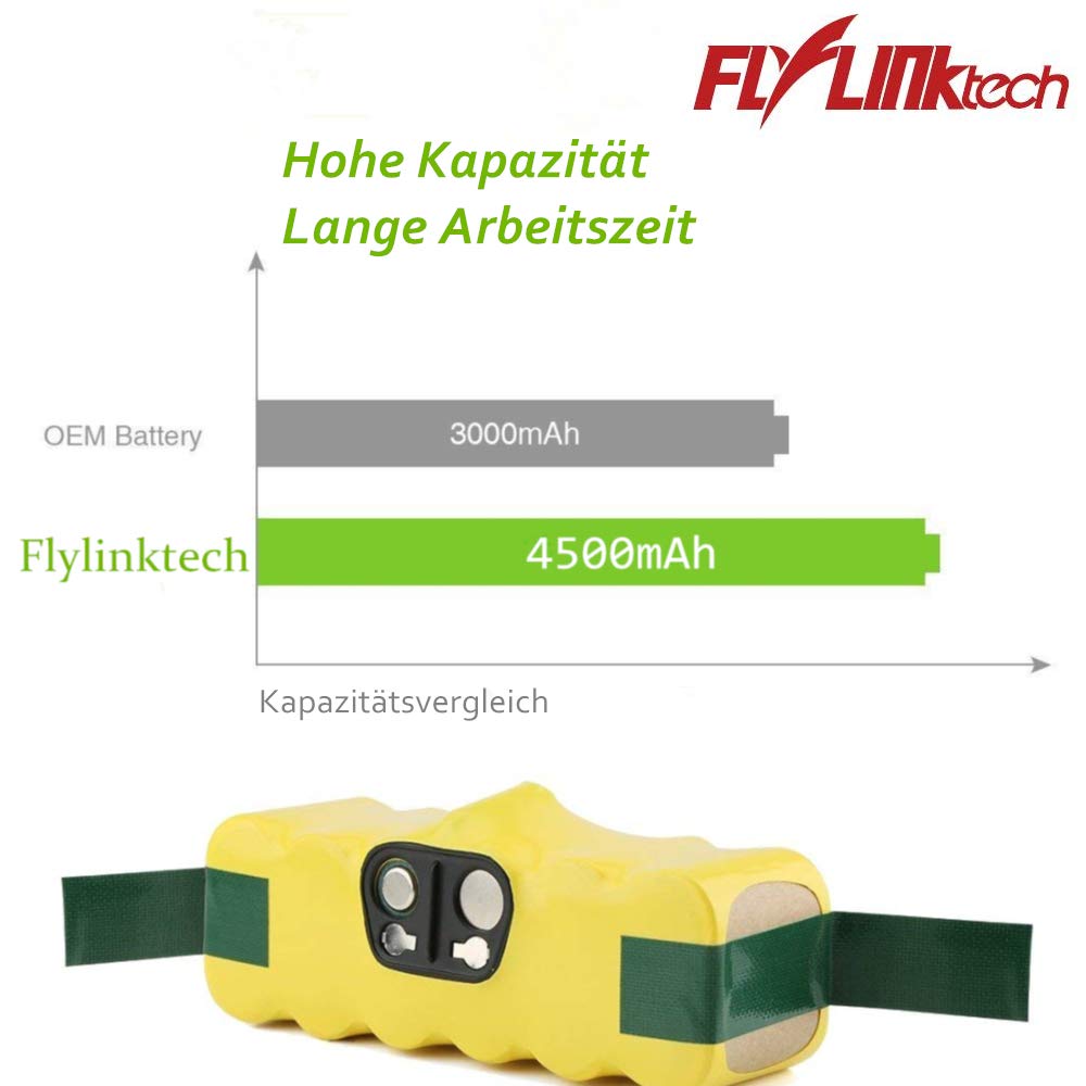 5500mAh battery for iRobot Roomba, FLYLINKTECH 14.4V replacement battery for Roomba, NI-MH battery for iRobot Roomba 500 600 700 800 Series compatible with R3 irobot 581 450 700 605 621 880 785 battery