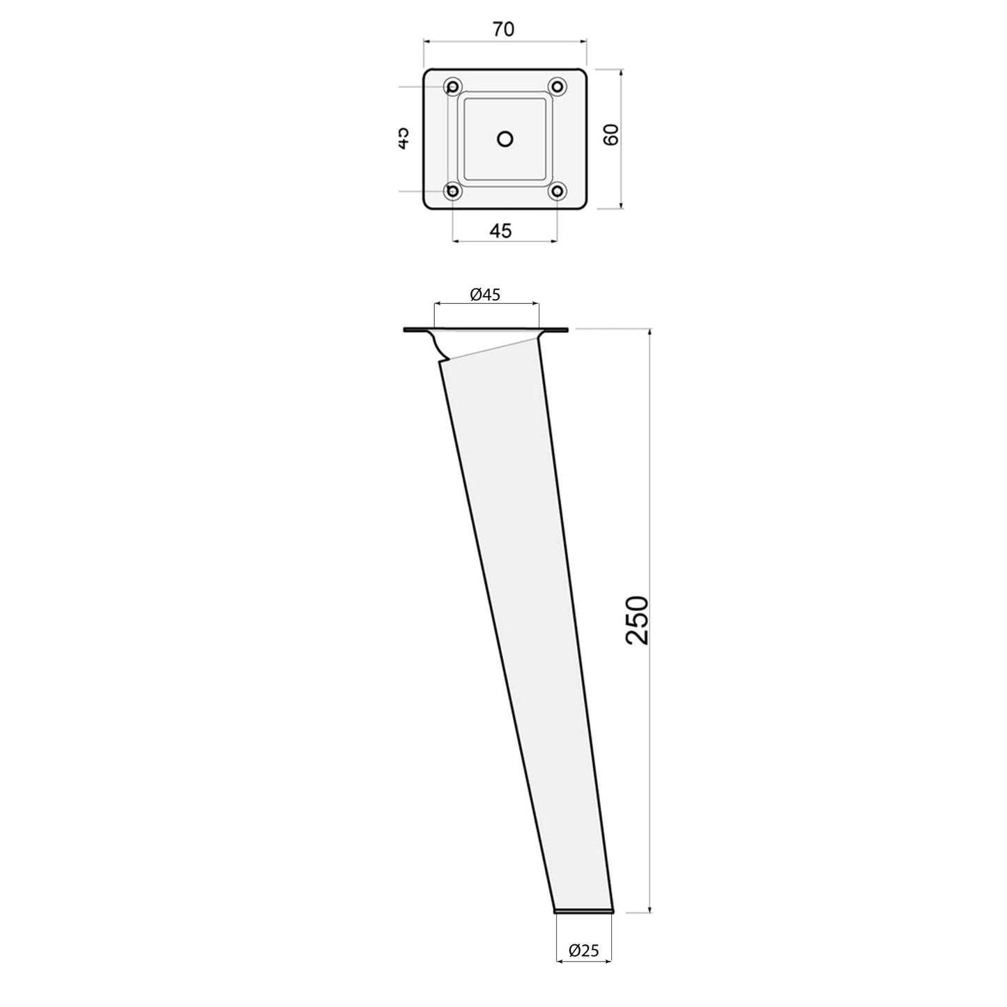 Sossai solid beech wood furniture legs with oil finish, Clif Round HMF2, 25 cm high, round, slanted design, for display cases, tables, cabinets.