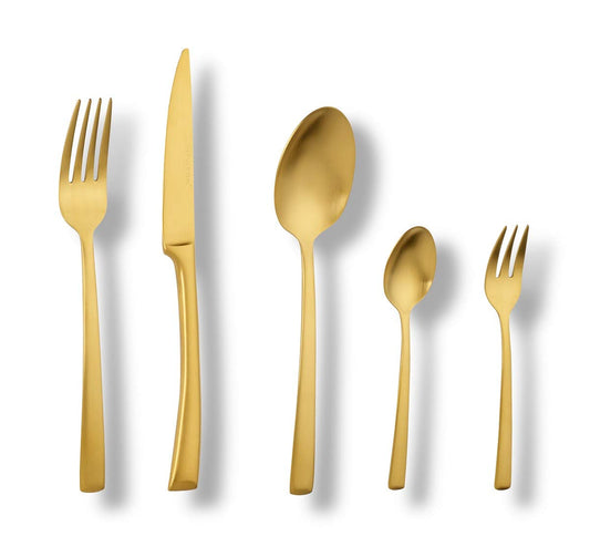 "Avelino" 68-piece PVD gold matte stainless steel flatware set by Echtwerk for 12 people. Includes storage case.