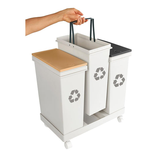 Innovative waste separation system with 3 compartments of 20 liters each, on wheels, with lid, bins with handles individually removable, total capacity of 60 liters, recycling system, dimensions 53x33.5x52.5 cm.