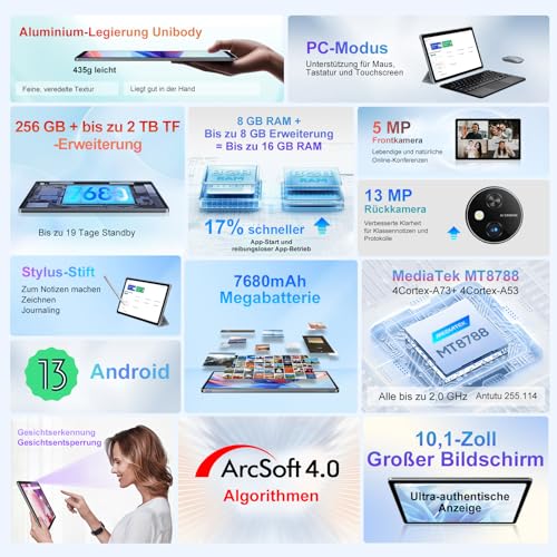 Blackview 2023 NEW Android 13 Tablet 10 Inch Tab 10 WiFi, 16(8+8) GB RAM + 256GB ROM + 2TB Expansion, Octa-Core Gaming Tablet, 5G WiFi Tablet, 13MP/5MP Camera, 7680mAh Battery, PC Mode/Type C.