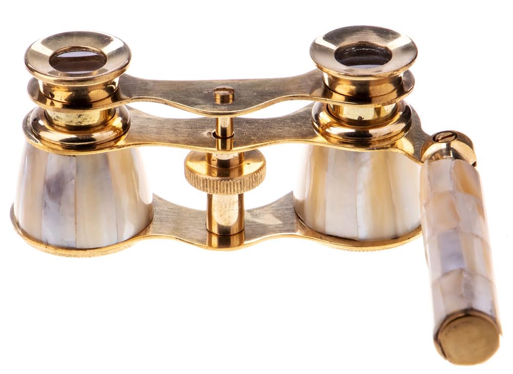 Opera glass with wooden box, theater binoculars, brass and mother-of-pearl antique, lup147 Palazzo Exclusive.