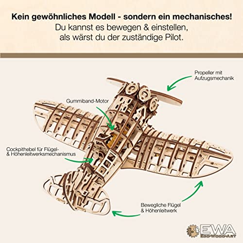 MagicWood - Mechanical 3D Puzzle Wooden Propeller Plane - DIY Wooden Puzzle Kit for Adults & Kids - Model kit to assemble without tools & glue - Wooden construction kit