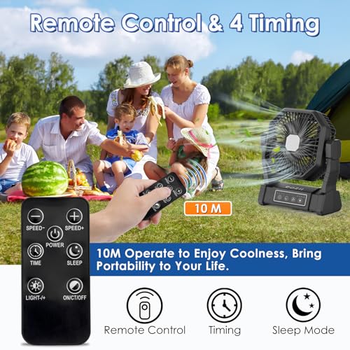 COZII 20000mAh Camping Fan Table Fan, USB Fan Battery, 4 Speeds Portable Fan with Light Hanging Hook & Remote Control for Camping Travel Picnic BBQ Fishing Office