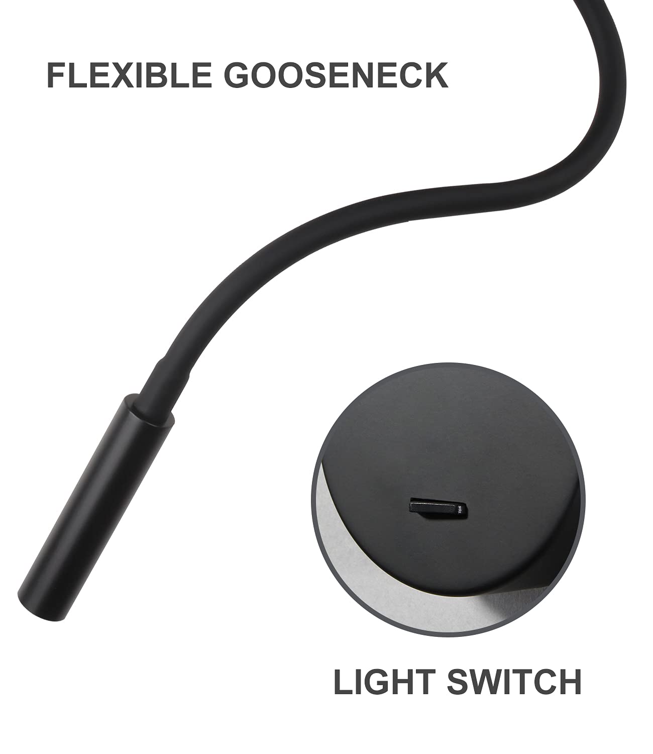 DAWALIGHT Swan Neck Lamp 2 Pack, 3W LED 3000K Warm White Wall Lamp Reading Lamp Wall Mount with Switch Bed Reading Light Wall Mount pure Bedroom, Aluminum, Black