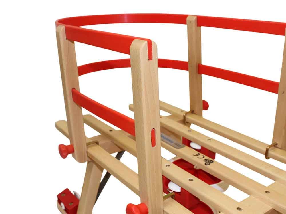 Roll Rodel Original wooden sled with wheels for use on pavement and snow - sled with wheels, red plastic backrest, and pull rope (Davos sled 110cm) - children's vehicle - baby sled