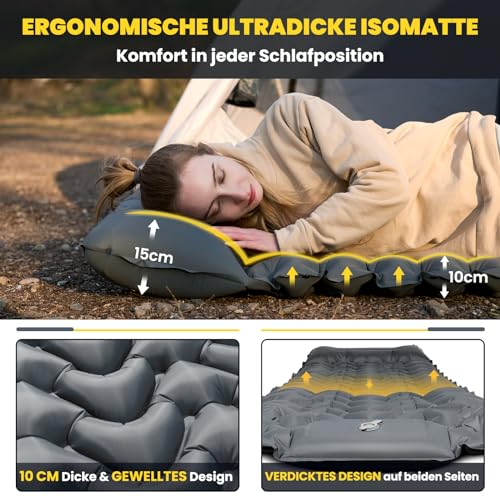 HIKENTURE Camping Isomatte Outdoor, 10cm Aufblasbare Isomatte Ultraleicht Kleines Packmaß, Sleeping Pad Schlafmatte mit Fußpumpe für Camping, Outdoor, Wandern - Grau