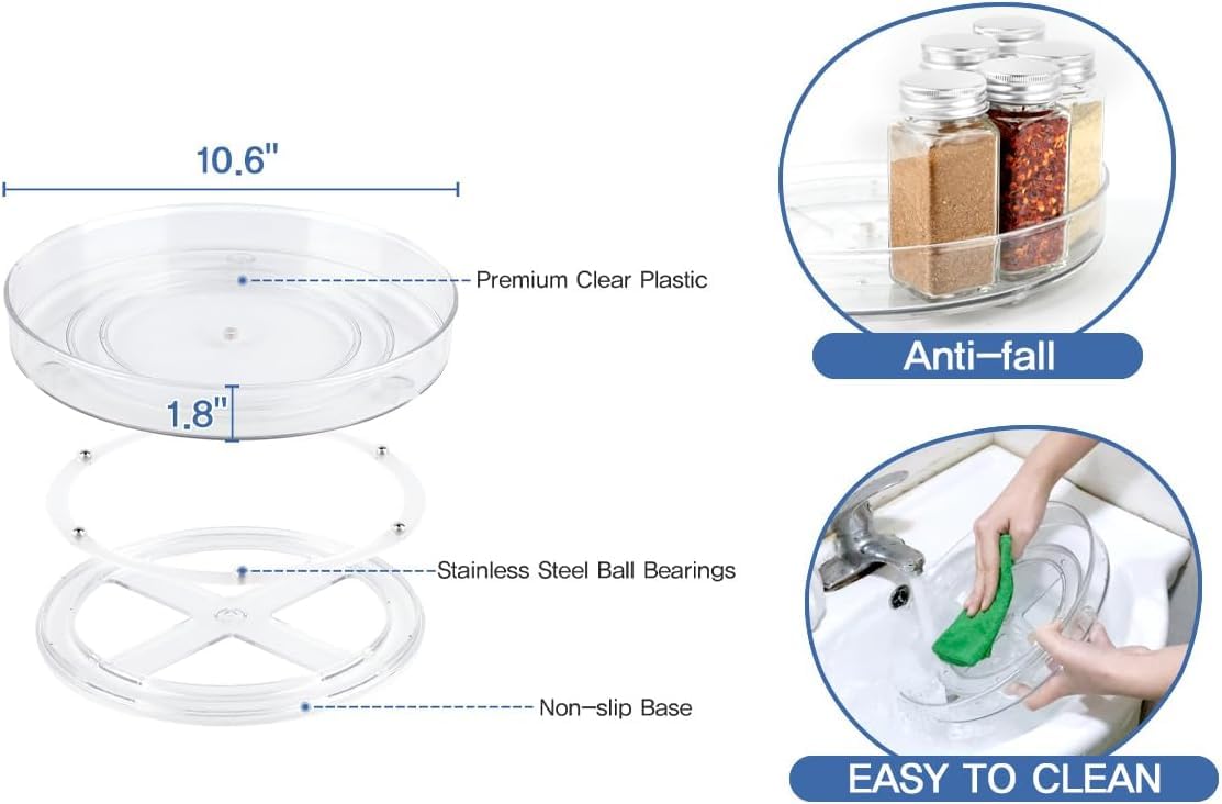 2 pieces Turntable Fridge Organizer Lazy Susan (23.5cm&27cm), 360° Rotating Kitchen Organizer Rotating Spice Rack for Spice Pantry Cabinet Bathroom Dresser. (Transparent)