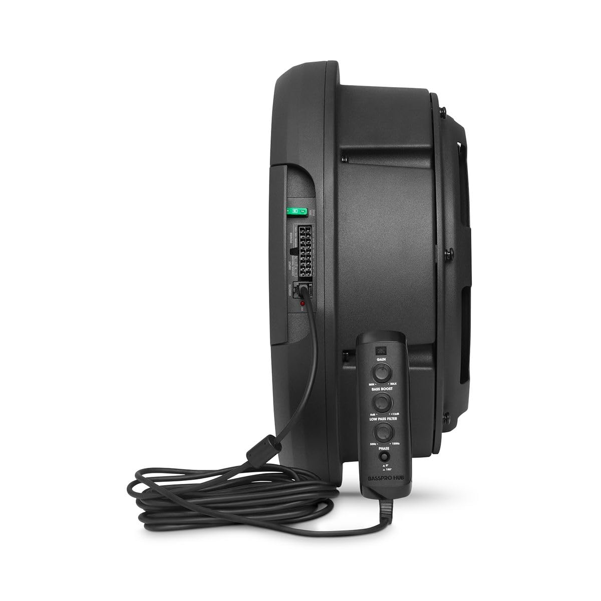JBL BassPro Hub 11" Spare Tire Active Subwoofer Set - 300 Watt car subwoofer with built-in amplifier and fiberglass woofer for spare tire hub, Black