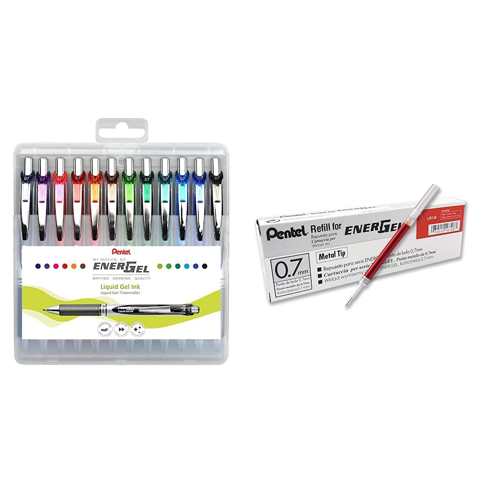Pentel BL77-12 EnerGel Gel Ink Rollerball Pen with 0.7mm ball diameter = 0.35mm line width, 12 pack & LR7-BX refill for EnerGel pens 0.7mm ballpoint, red, 12 pack