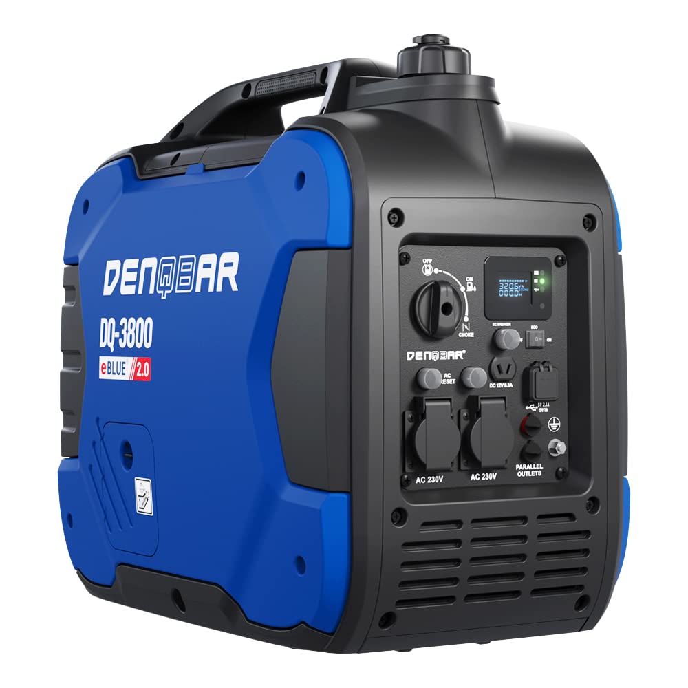 DENQBAR Inverter Power Generator DQ-3800 3800W Gasoline Power Generator with 230V, EcoMode, USB Fast-Load, Super Quiet, LED Display, Portable - For Camping, Garage, Construction Site, RV, and Emergency Generator