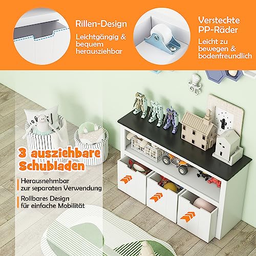 DREAMADE Kids Bookshelf Toy Cabinet with 3 Drawers on Wheels, Toy Storage for Kids, Toy Organizer Toy Shelf for Children's Room Living Room, 102x33x62cm (Black Top)