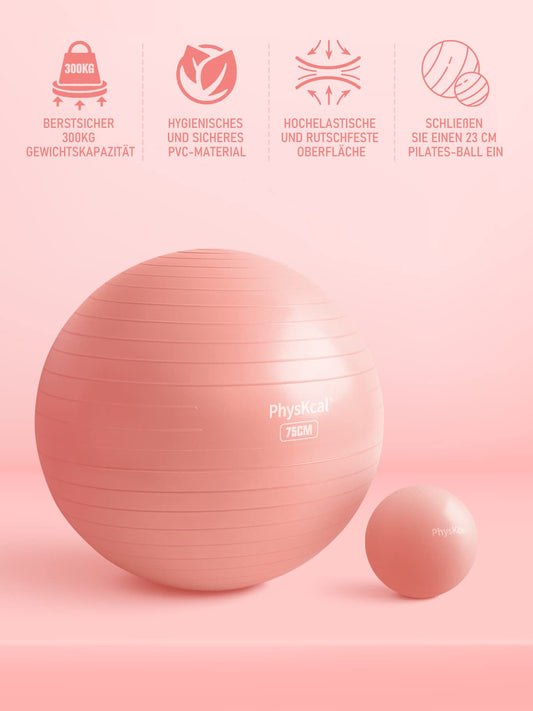 PhysKcal 75cm Pink Thick Gym Ball and 23cm Pilates Ball Set, Anti Burst Gym Ball, Anti-Slip Exercise Ball, Balance Ball, Yoga Ball for Home, Gym, and Office.
