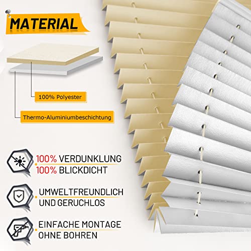 BelleMax pleated blind without drilling, thermal pleated roller blind with clamp fixation, light beige 45x140cm (WxH), blackout pleated blind 100% lightproof for windows, opaque privacy sun protection