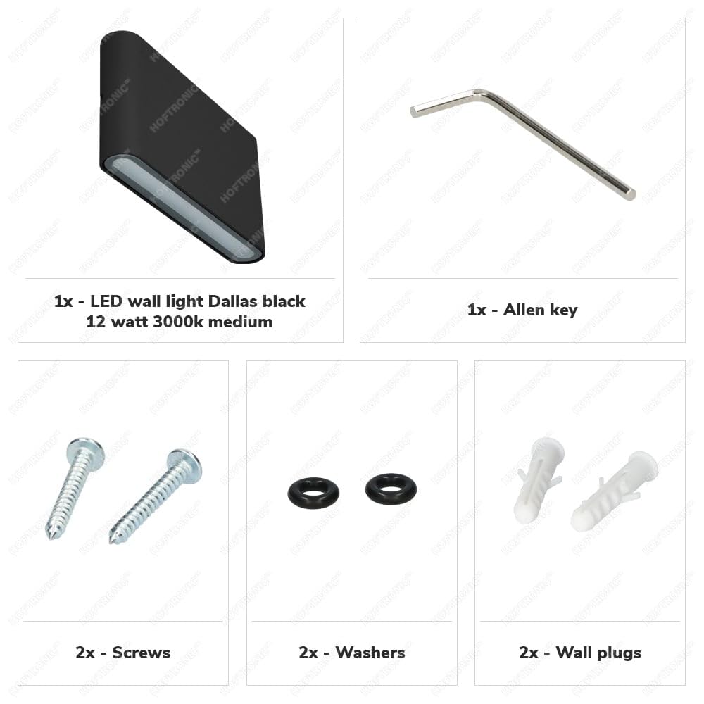 HOFTRONIC - Dimmable LED Wall Light Outdoor Indoor Dallas M Black 12W 3000K Warm White Up Down Spotlight IP54 Waterproof Aluminum. Outdoor light fixture for bathroom, garden, living room wall lamps.