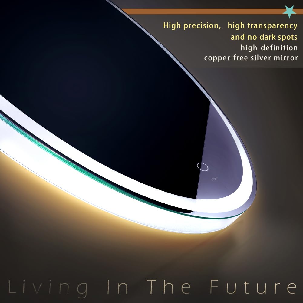 KWW 70cm LED Round Bathroom Vanity Mirror, Adjustable Color Temperature, Anti-fog Dimmable Lights, Wall Mounted Makeup Mirror with Smart Touch Button