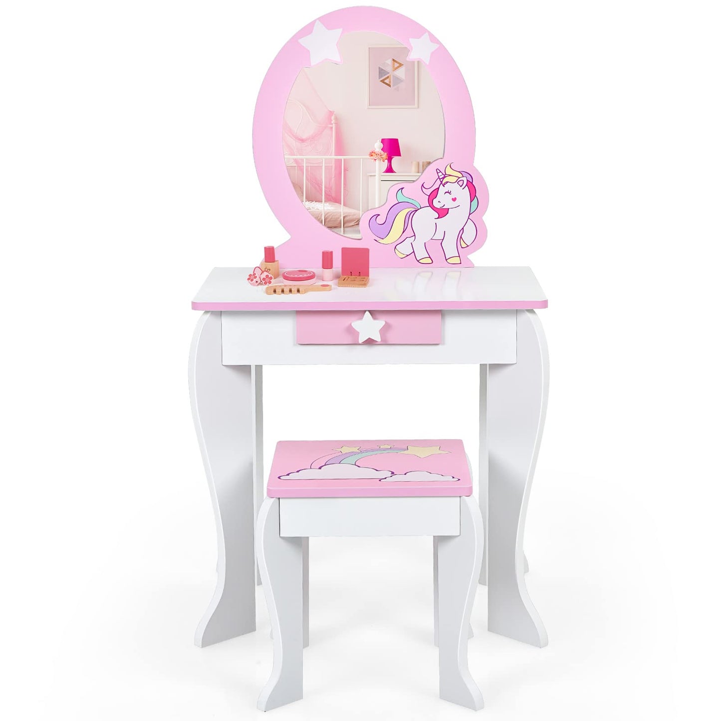 DREAMADE Kids Vanity Set with Stool and Removable Mirror, Princess Vanity Table for Kids, Dressing Table with Drawer, Kids Vanity for Girls (White)