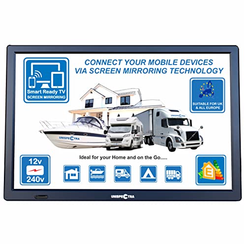 Unispectra® 14" TV 12V / 230V HD LED DVB-T/T2 (free to air) Screen mirroring technology USB PVR & Media player, HDMI. 12V TV for motorhomes, caravans, camping, trucks, boats, kitchen.