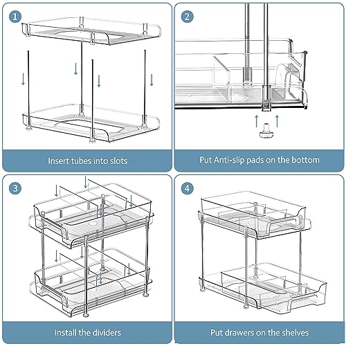 DEKAVA Under Desk Organizer, 2 Pieces, Bathroom Cabinet Organizer, 2 Layers, Sliding Door Basket, Drawer, Multi-purpose Bathroom Storage Baskets for Bathroom (Transparent)