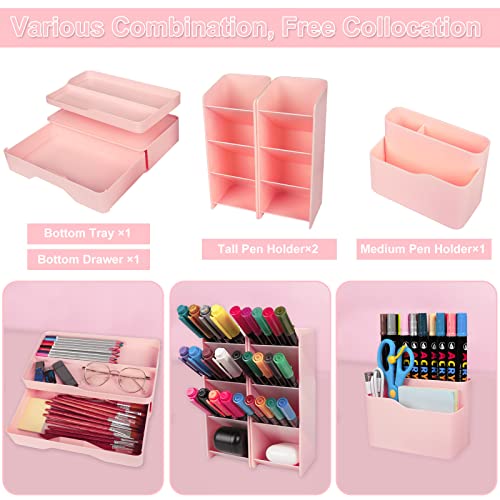 Desk organizer with drawer, 5-piece set, plastic, multifunctional, pen holder for kids, office, home, in pink color.