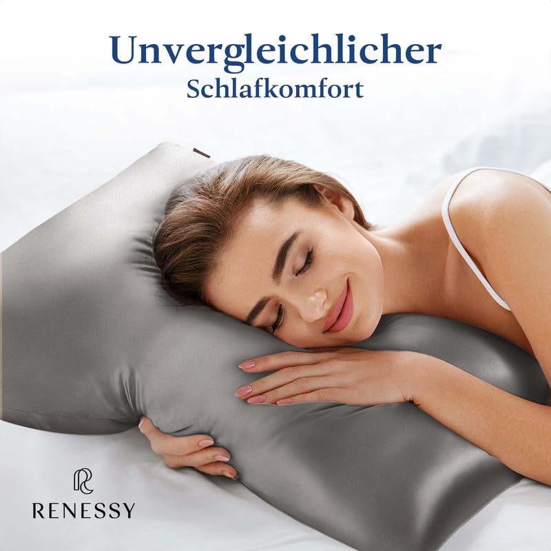 RENESSY pillowcases made from 100% organic silk 40x40 cm (2-Pack) - 22 Momme Mulberry silk, Grade 6A, Oeko-Tex certified in Germany - Luxury for hair and skin (Graphite Grey)