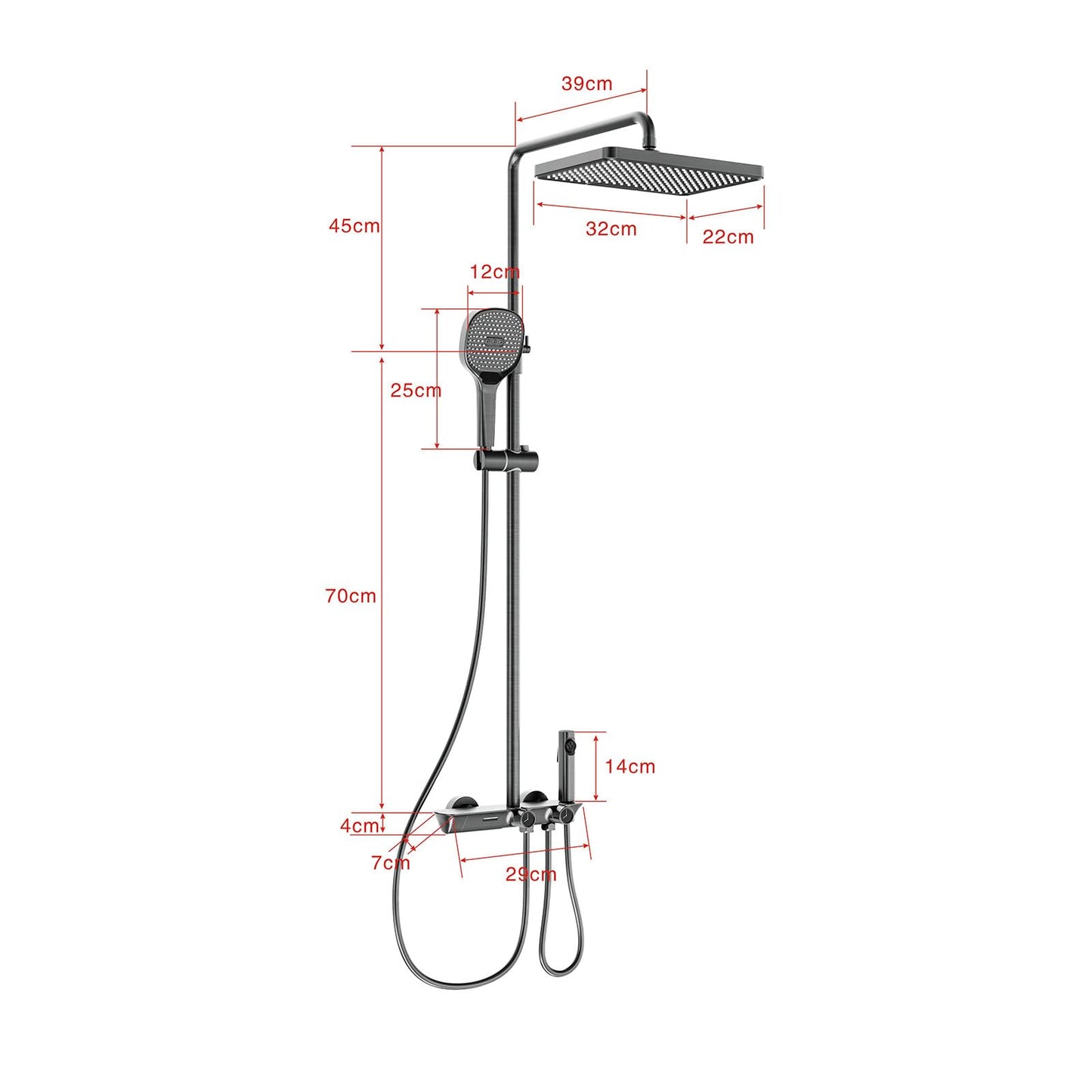 QREZAA Shower System with Thermostat, Featuring 32 X 22cm Rain Shower Hand Shower Bidet Sprayer Bathtub Faucet, Adjustable Shower Column, Wall Mount Shower Set, Thermostat Brass Valve (Gray)