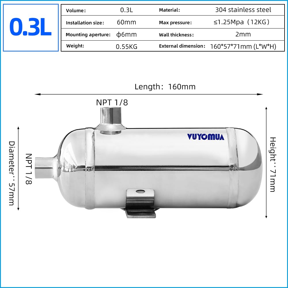 VUYOMUA 304 Stainless Steel High Pressure Mini Small Portable Air Tank Air Reservoir Water Storage Tank (0.3L-SG)
