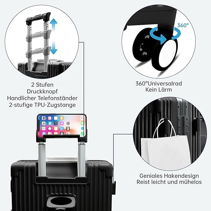 Toumaster Patented Airline Approved Carry-On with Spinner Wheels, 20-inch suitcase with aluminum frame, built-in TSA lock, USB port & cup holder, phone holder travel luggage (Black)