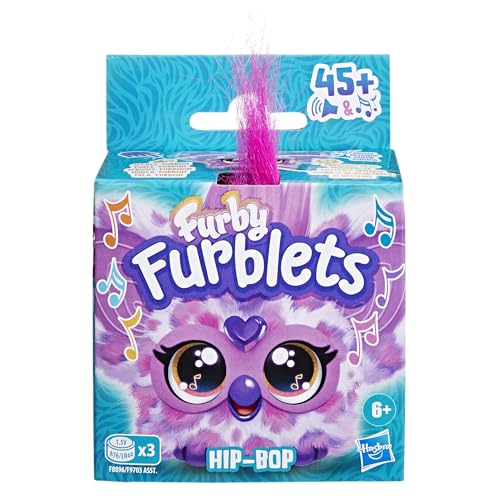 Furby Furblets Hip-Bop Mini, featuring hip-hop music & phrases in Furbish (over 45 sounds), plush toy in pink-purple pattern, suitable for kids aged 6 and up, an original stocking stuffer.