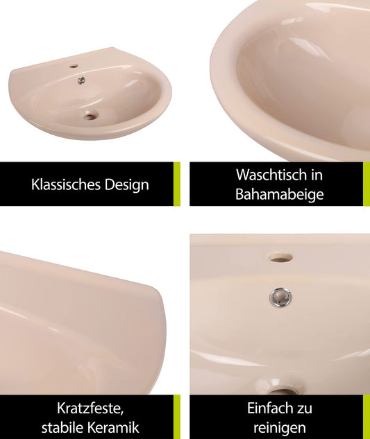 aquaSu® Washbasin 60 cm | Semi-circular ceramic sink | Bathroom color Bahmababeige | Width 60 cm | Depth 50 cm | Basin with overflow protection | Nostalgic bathroom | 56132 7