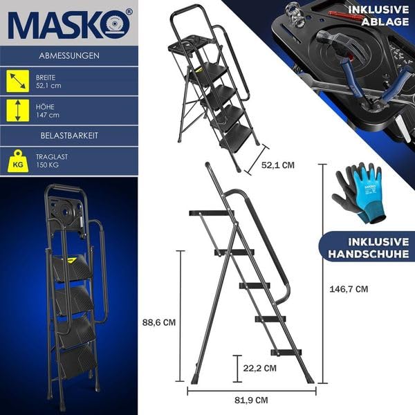 MASKO® Folding Step Ladder 4-step ladder with handrails, load capacity up to 150 kg, step stool with anti-slip feature, folding ladder + gloves, tool tray & automatic lock, black