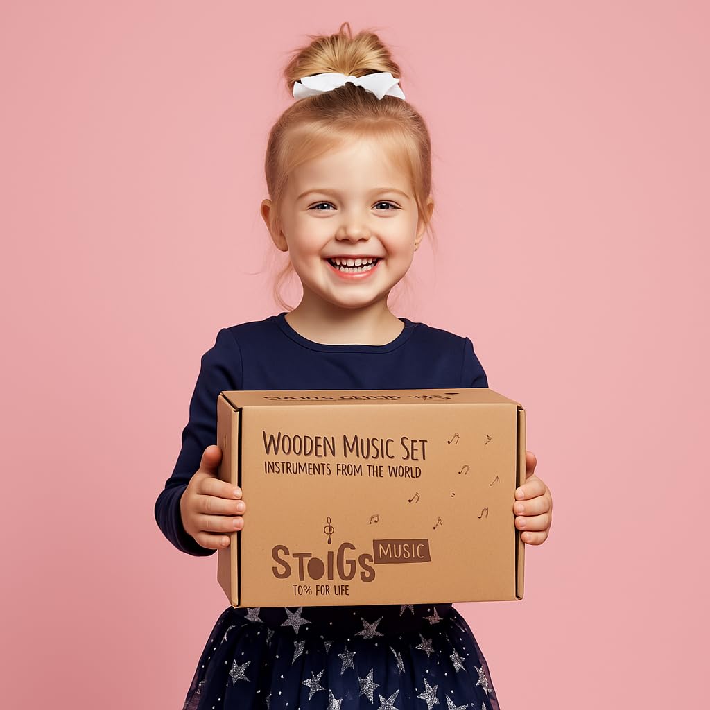 Stoie's International Wooden Music Set for toddlers and kids, eco-friendly music set with cotton storage bag.