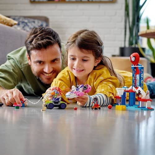 LEGO 10784 Marvel Spidey and His Super Friends Spider-Man's Headquarters, buildable toy with 2-in-1 car and plane, and 5 minifigures including Miles Morales, gift for kids.