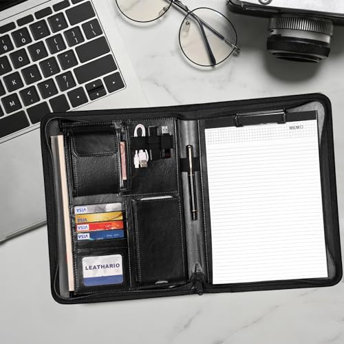 Leathario A4 conference folder, zippered padfolio, document organizer, portfolio, writing pad, black.