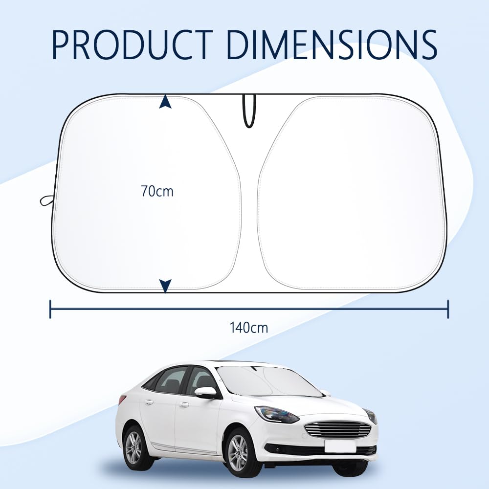 Thick sun protection car front windshield with storage bag, Keeps car interior cool, Universal sun protection car front sun protection for cars, SUVs, trucks (M: 140x70cm)