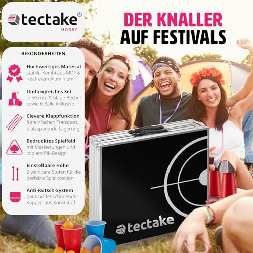 tectake® Beer Pong Table, includes 100 cups (50 red & 50 blue) and 6 balls, adjustable height, foldable table with carry handles, adult party games, drinking game