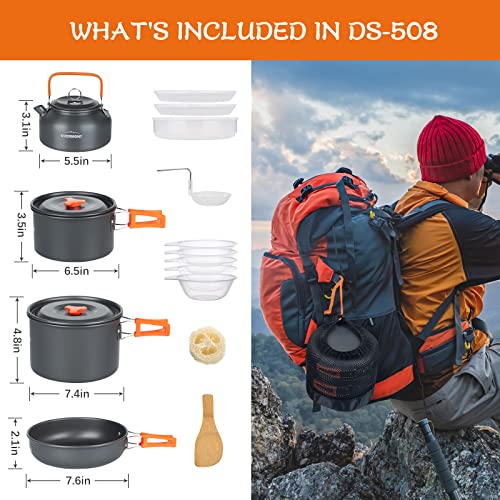 Overmont Camping Cookware Set outdoor dish set pot set picnic pot with coffee pot tea pot aluminum for 3-4 people.
