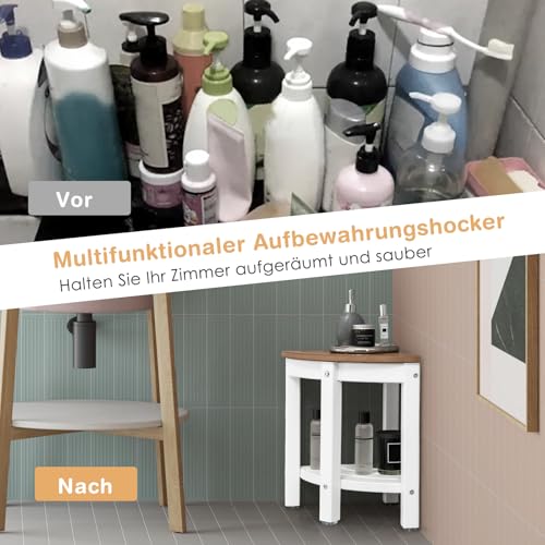 RELAX4LIFE corner shower bench, HDPE shower stool with storage, bathroom footrest for small spaces, waterproof shower stool up to 150kg capacity, 2-tier organizer for indoor showers, brown + white.