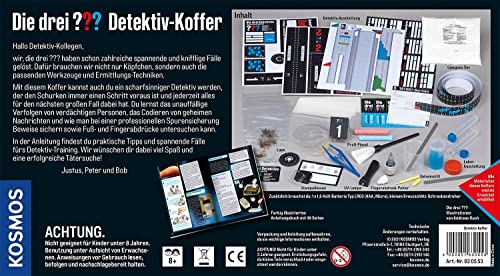 The Three Investigators Detective Case from KOSMOS, detective toy set for kids aged 8 and up with fingerprint powder, essential tools, and expert tips for investigation.
