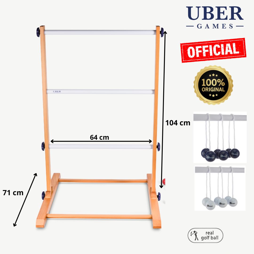 New for 2024, Ubergames upgrades Ladder Golf game with pro set, real golf balls, solid wood construction, strong & stable (Black/White).