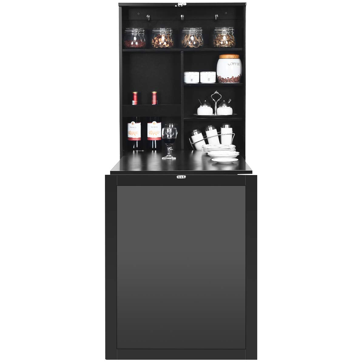 RELAX4LIFE Wall-Mounted Folding Table, Foldable Desk with Chalkboard & 6 Compartments, Multifunctional Fold-down Table, Wooden Wall-Mounted Table, Dining Table, Desk for Dining Room & Living Room & Kitchen (Black)