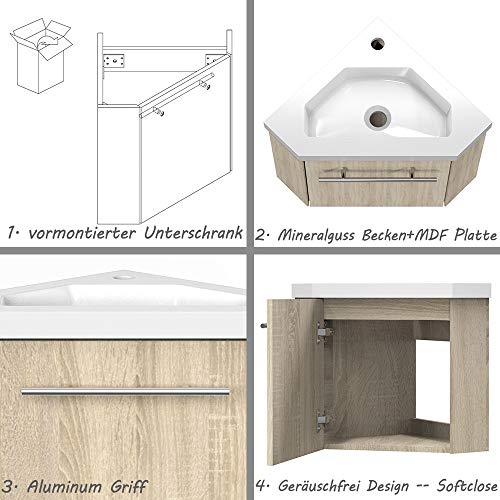 Aica bathroom corner washbasin 40 cm pre-assembled corner cabinet Washbasin with base cabinet Small washbasin furniture Oak