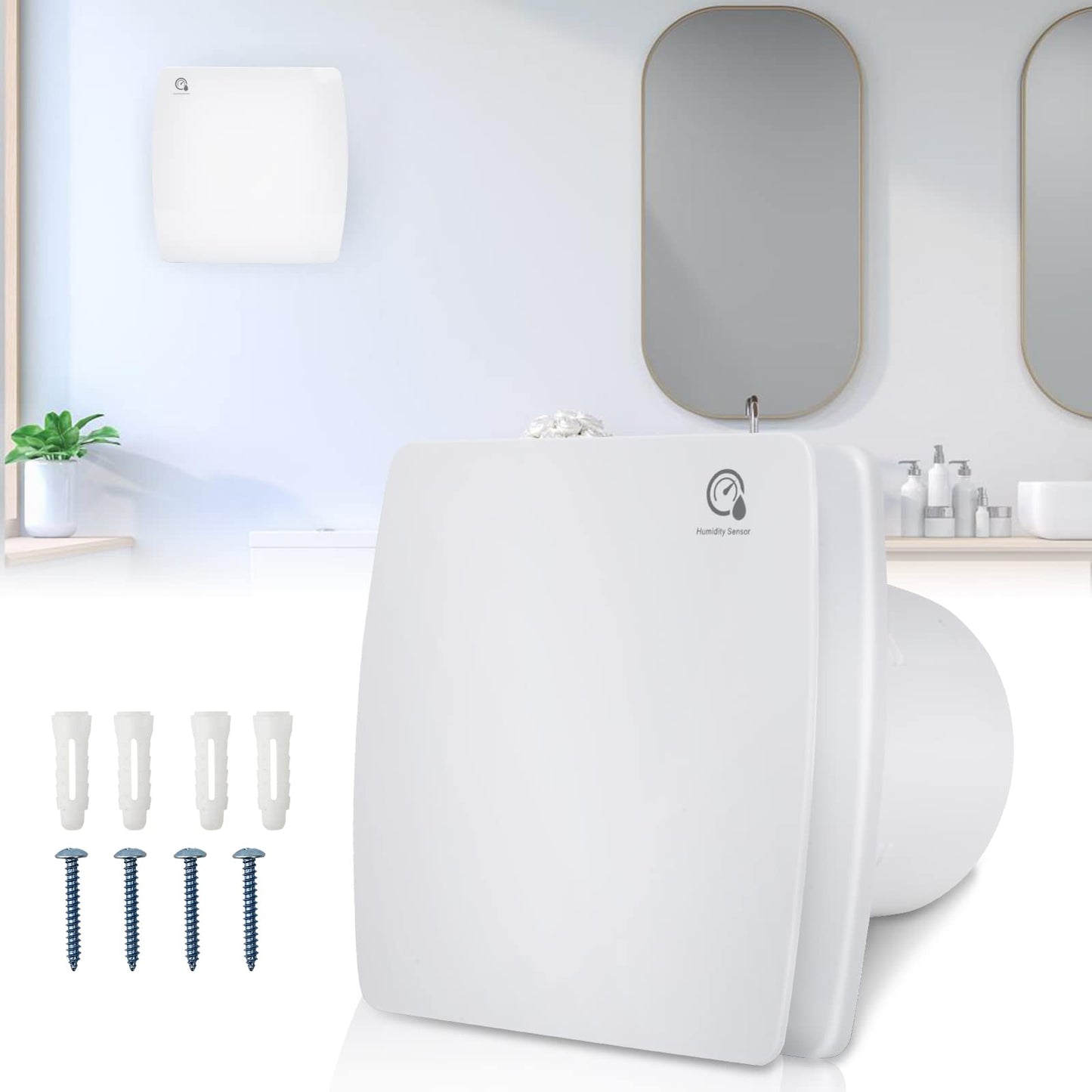 Gimisgu Bathroom Exhaust Fan with Moisture Sensor. Quiet 100mm exhaust fan with timer and backdraft damper. Wall-mounted fan for kitchen, WC, and bathroom. White color.