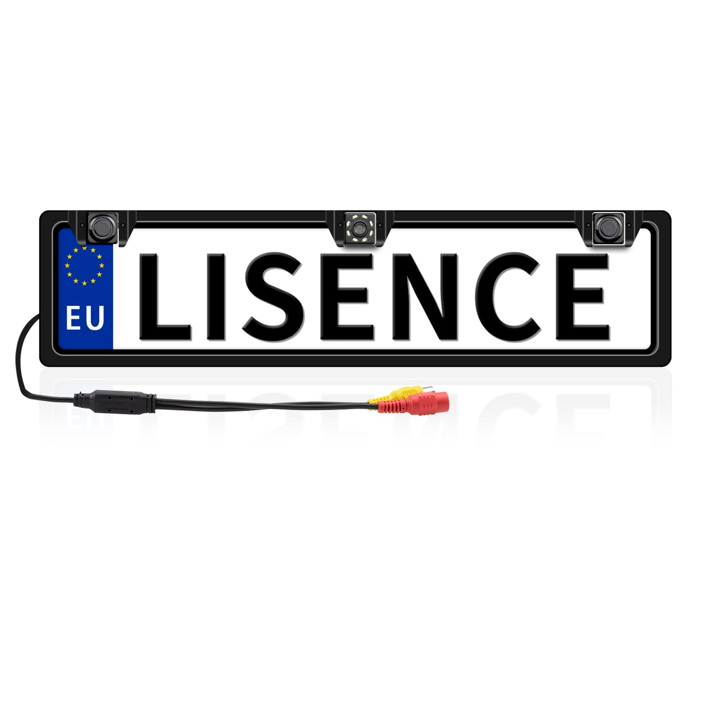 Rear view camera license plate holder with 2 parking sensors + LED distance display, 8 lights rear view camera, 170° wide angle, IP67 waterproof.
