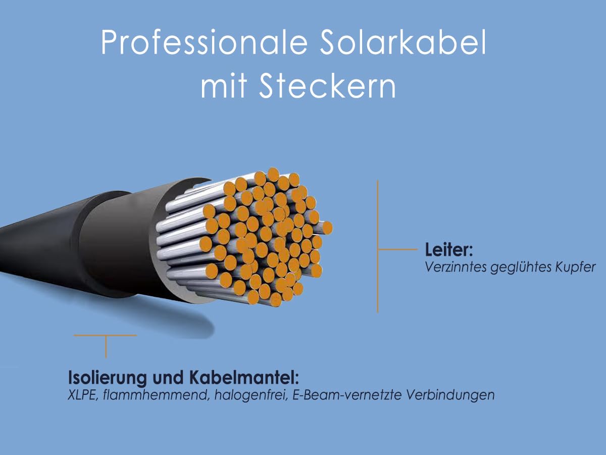 4mm² professional connection cable for solar module to solar charge controller. Enjoy the 8m long connection cable.