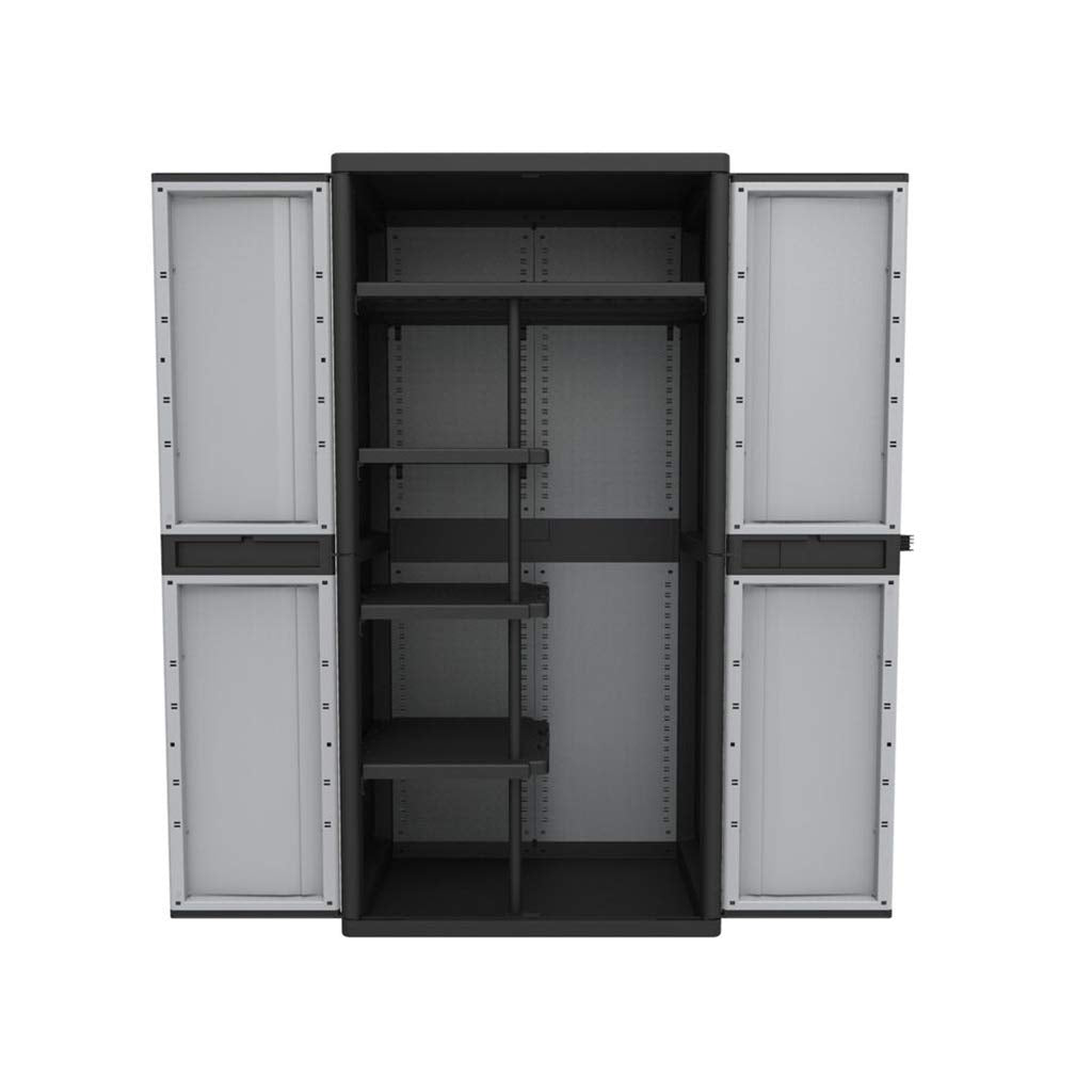 Kreher XXL plastic utility cabinet with a solid bottom, narrow shelves, and open compartment for bulky items. Features lockable doors. Dimensions WxDxH in cm: 89.7 x 53.7 x 180 cm.