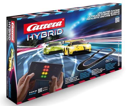 Carrera HYBRID Speedway to Hell I Racing fun of the new generation - Legendary racing cars Porsche 911 GT3 R in 1:50 scale - Hybrid technology with AI support - Control via smartphone app.