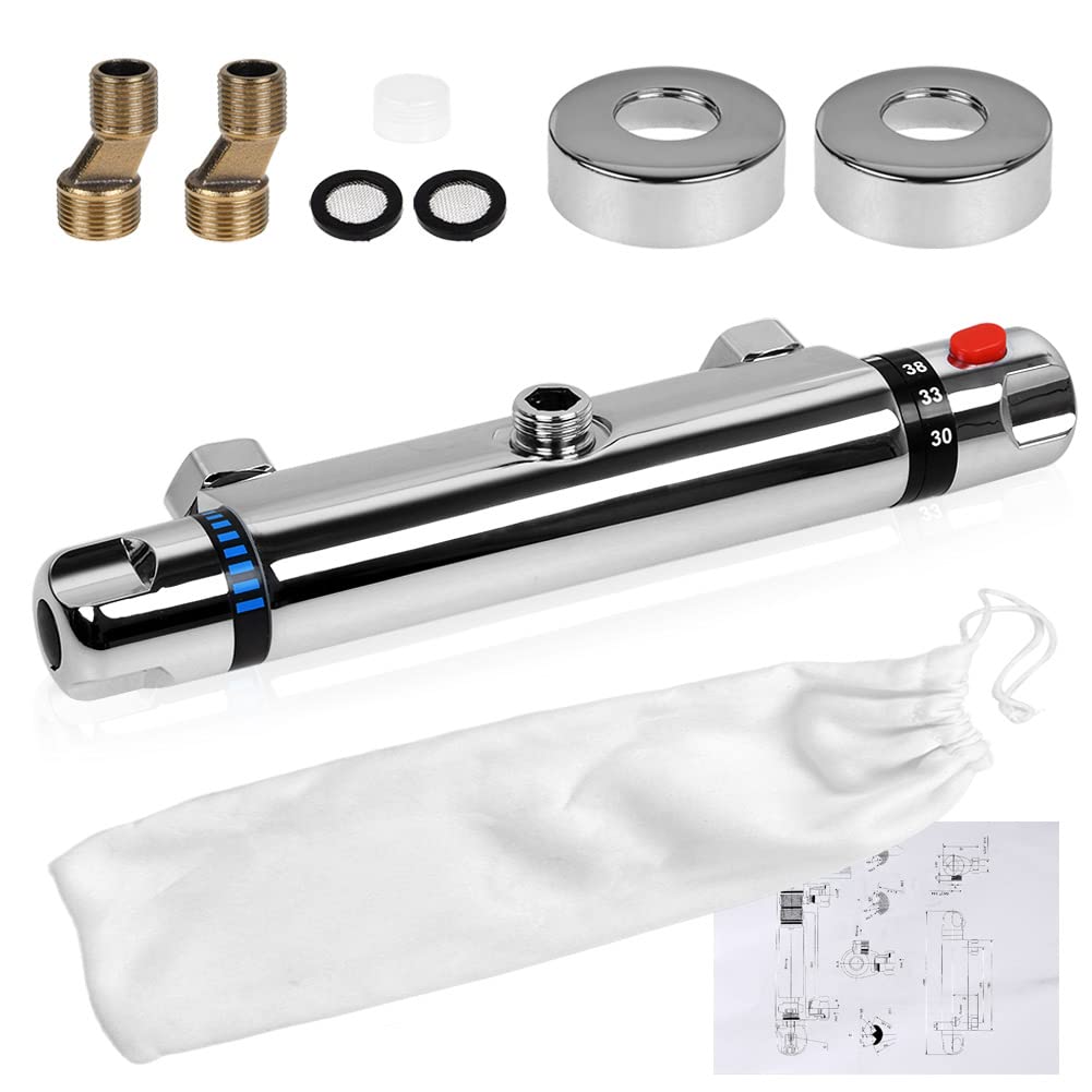 Thermostatic shower faucet with 38°C safety button, temperature control, wall-mounted, 1/2" shower thermostatic mixer tap for bathroom.